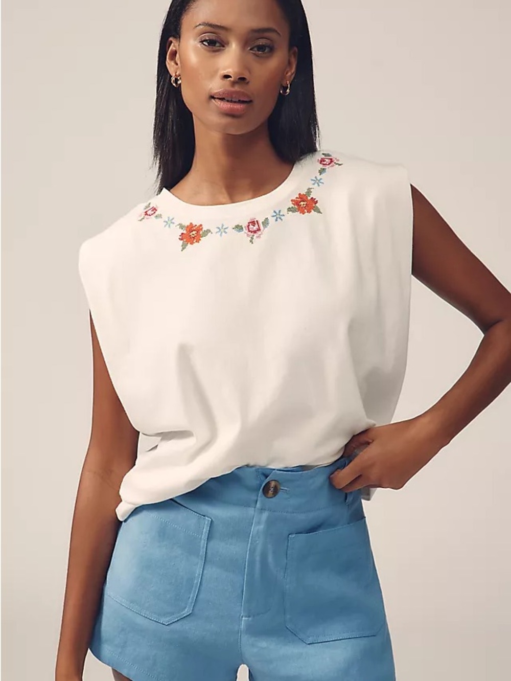 FARM Rio White Embroidered Muscle Tee with Floral Neckline